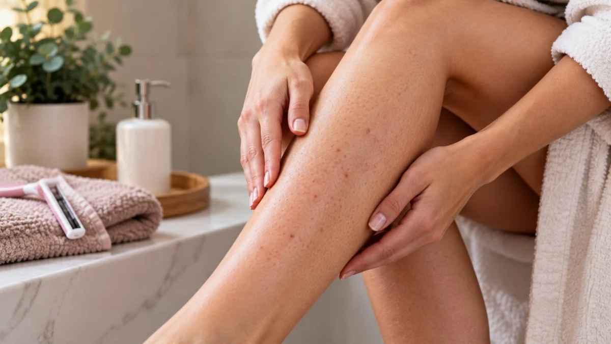 Borotválás utáni piros pöttyök és benőtt szőrszálak egy nő lábszárán